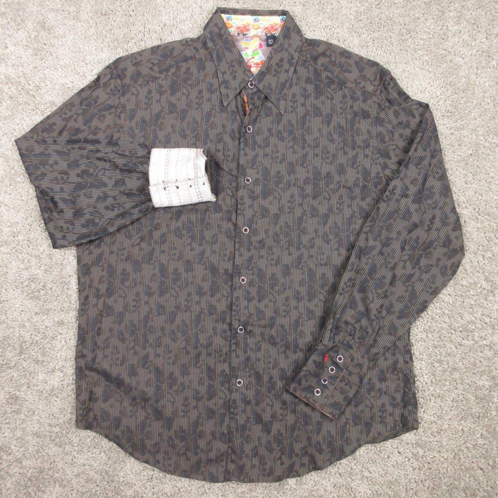 Robert Graham Shirt Mens Medium Olive Floral Flip Cuff Party Cocktail Button Up
